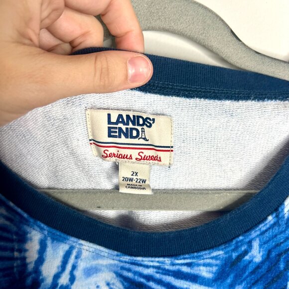 Lands' End Serious Sweats Raglan Sweatshirt Blue Tie Dye Palm Lounge Comfy 2X - Picture 2 of 4